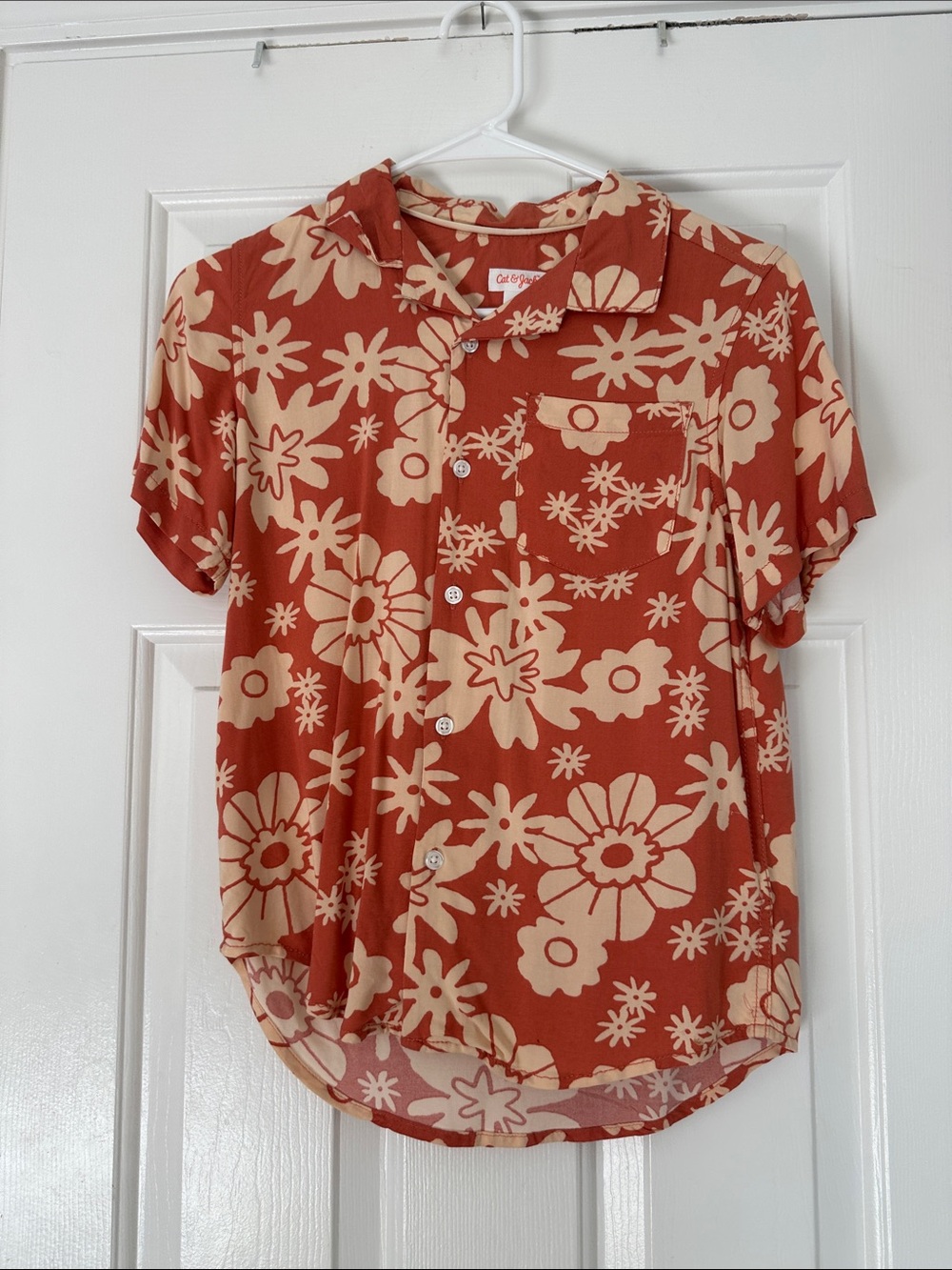 Kids Short-Sleeve Floral Button-Up Shirt in Rust and Cream